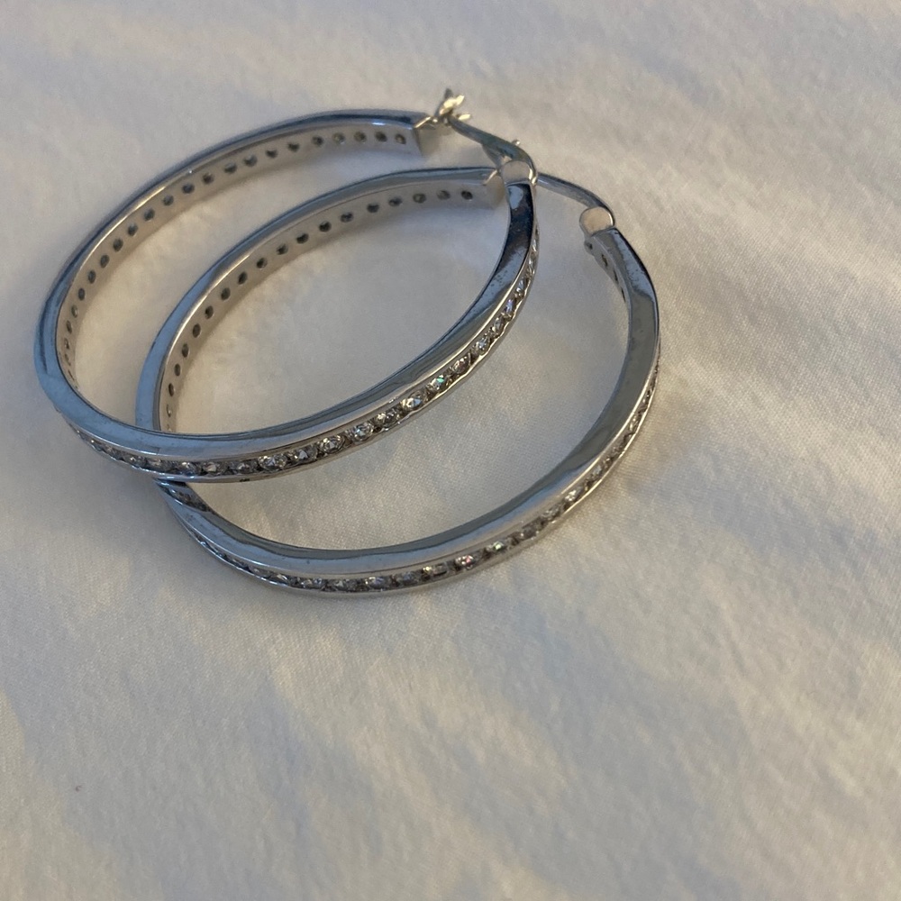 Sparkling Silver Crystal Hoop Earrings 1 1/2”